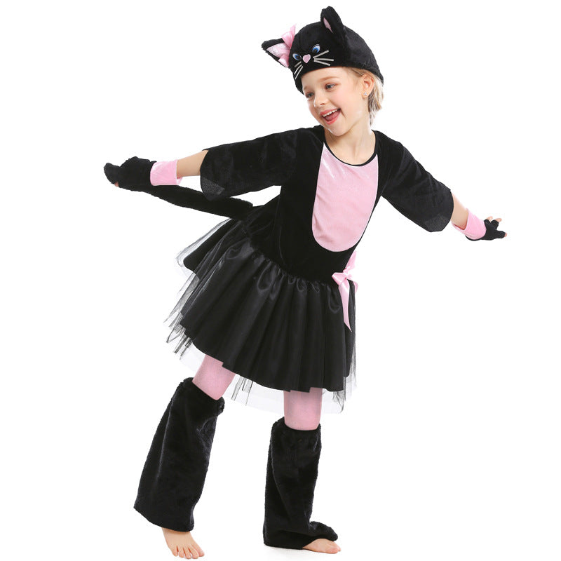 Girls Black Cat Costume Kids Pink Kitty Cosplay Outfit Full Set