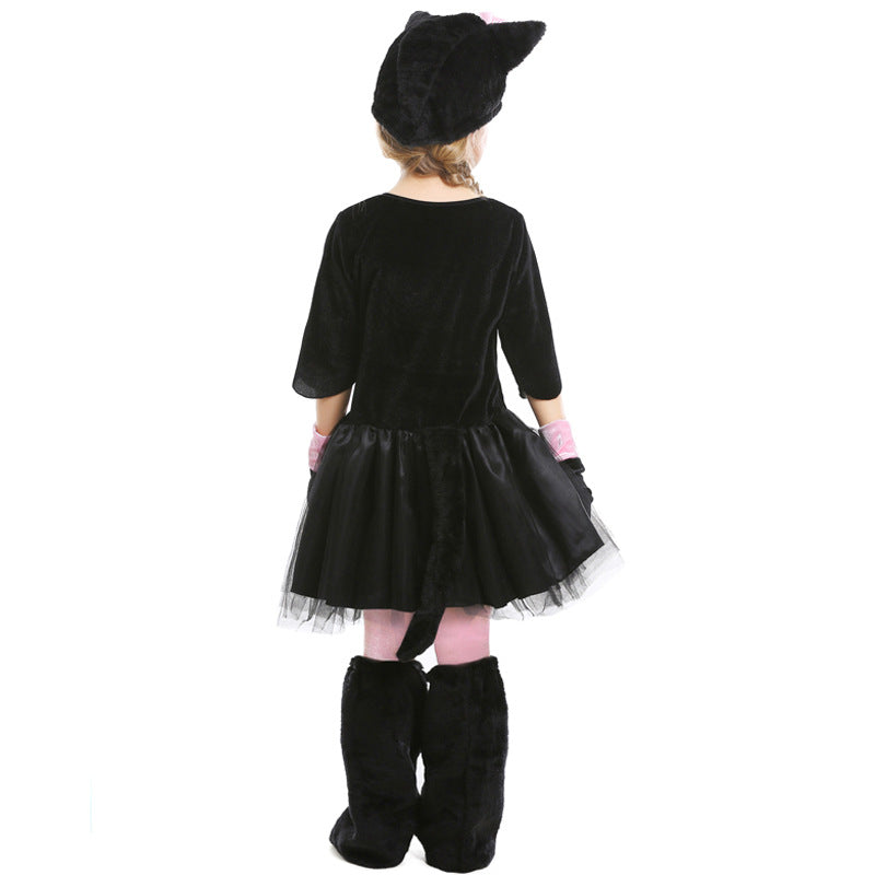 Girls Black Cat Costume Kids Pink Kitty Cosplay Outfit Full Set