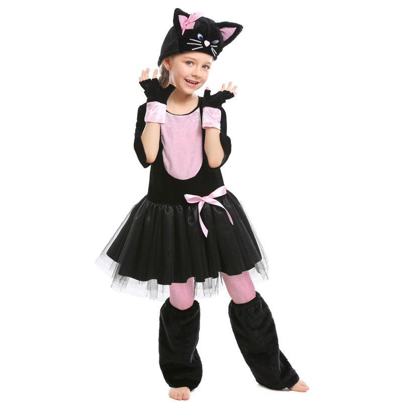 Girls Black Cat Costume Kids Pink Kitty Cosplay Outfit Full Set