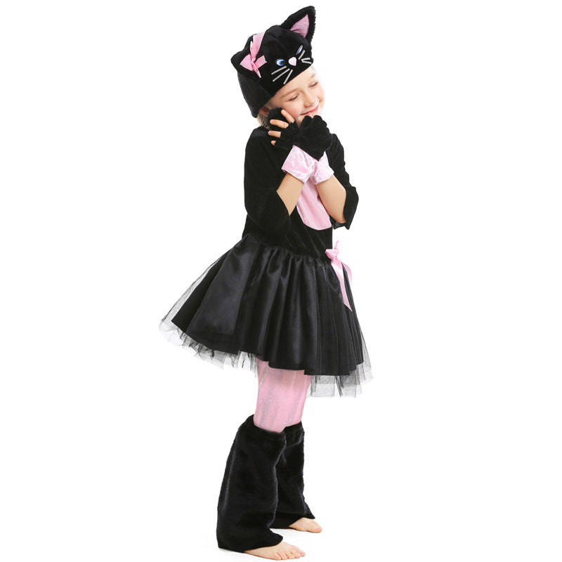 Girls Black Cat Costume Kids Pink Kitty Cosplay Outfit Full Set