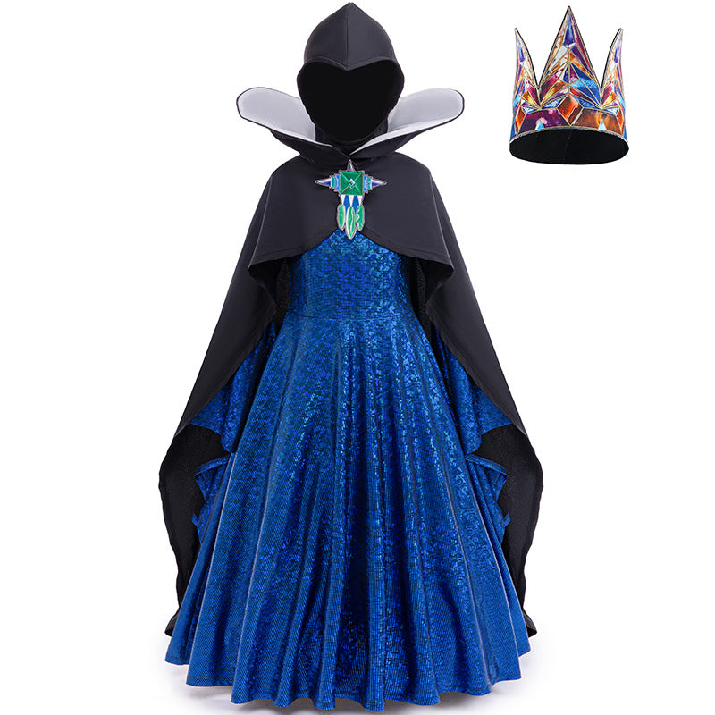 Kids Evil Queen Costume Girls Dress Cloak Crown Party Dress Up Cosplay Outfit