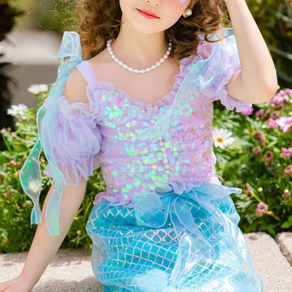Mermaid Costume For Girls Ariel Dress Off-shoulder Top Mermaid Tail Skirt and Accessories for Kids 2-8 Years