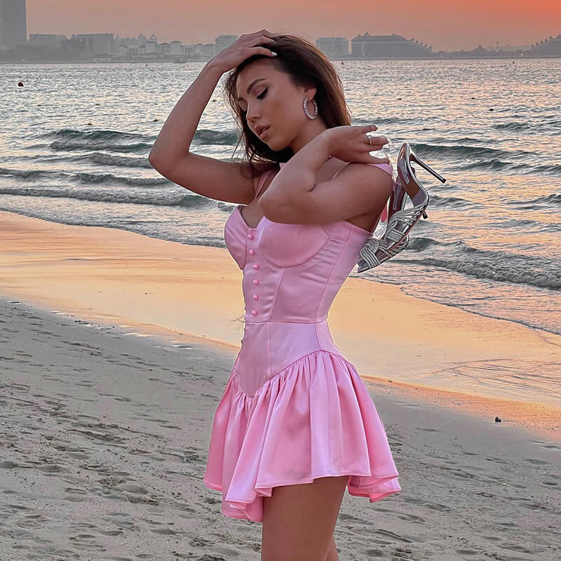 Sexy Barbie Dress Beach Vacation or Night Club Mini DressSpaghetti Straps Short Party Dress with Button