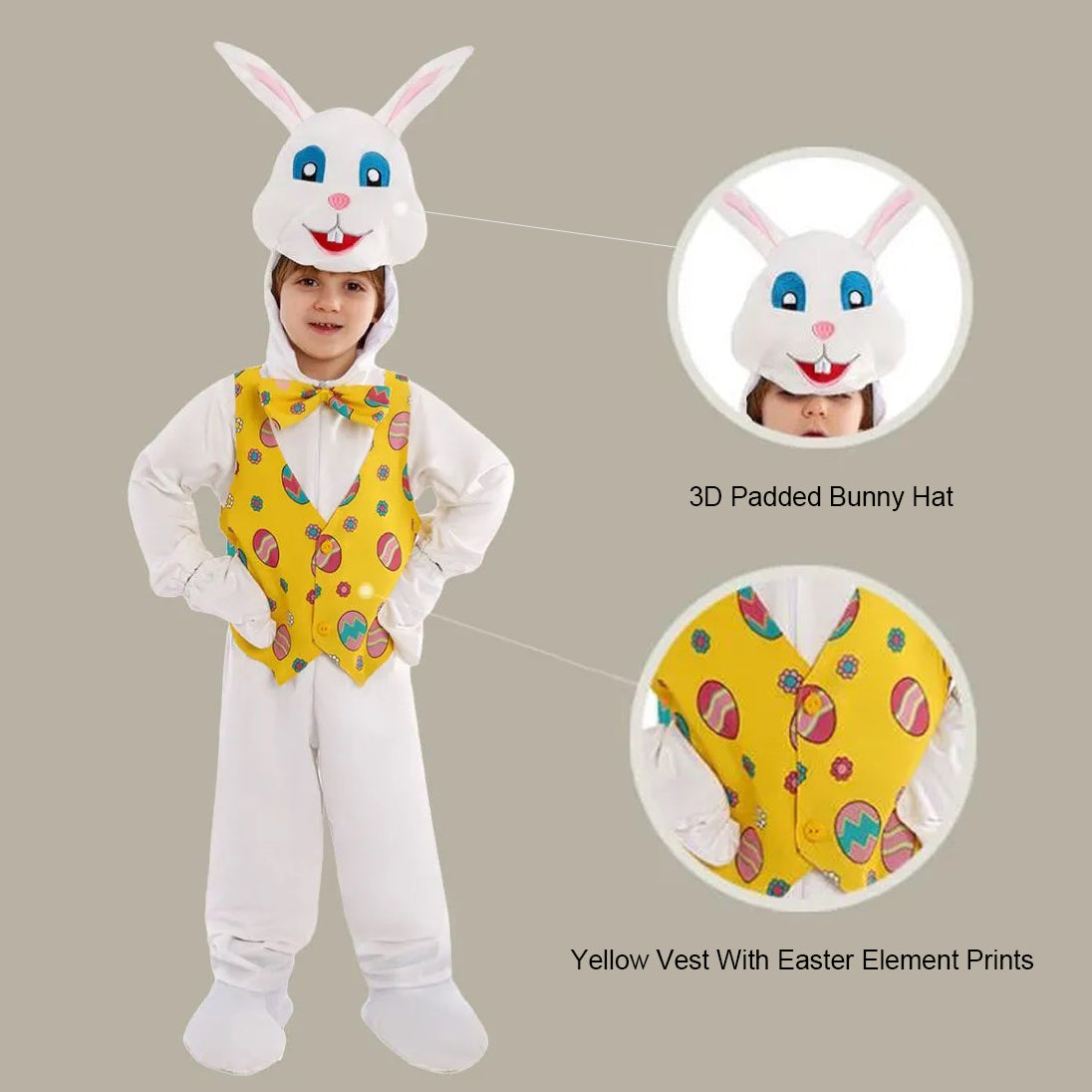 Easter Bunny Costume Kids Party Cosplay Outfit White Onesie with 3D Bunny Headgear