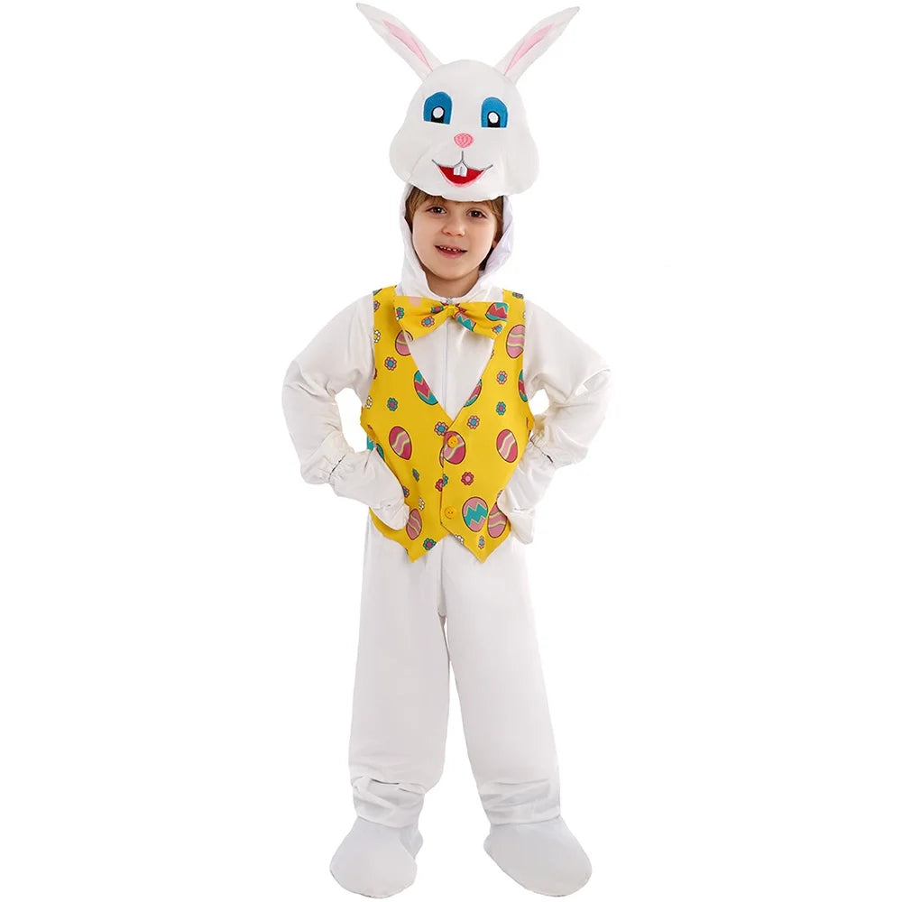 Easter Bunny Costume Kids Party Cosplay Outfit White Onesie with 3D Bunny Headgear