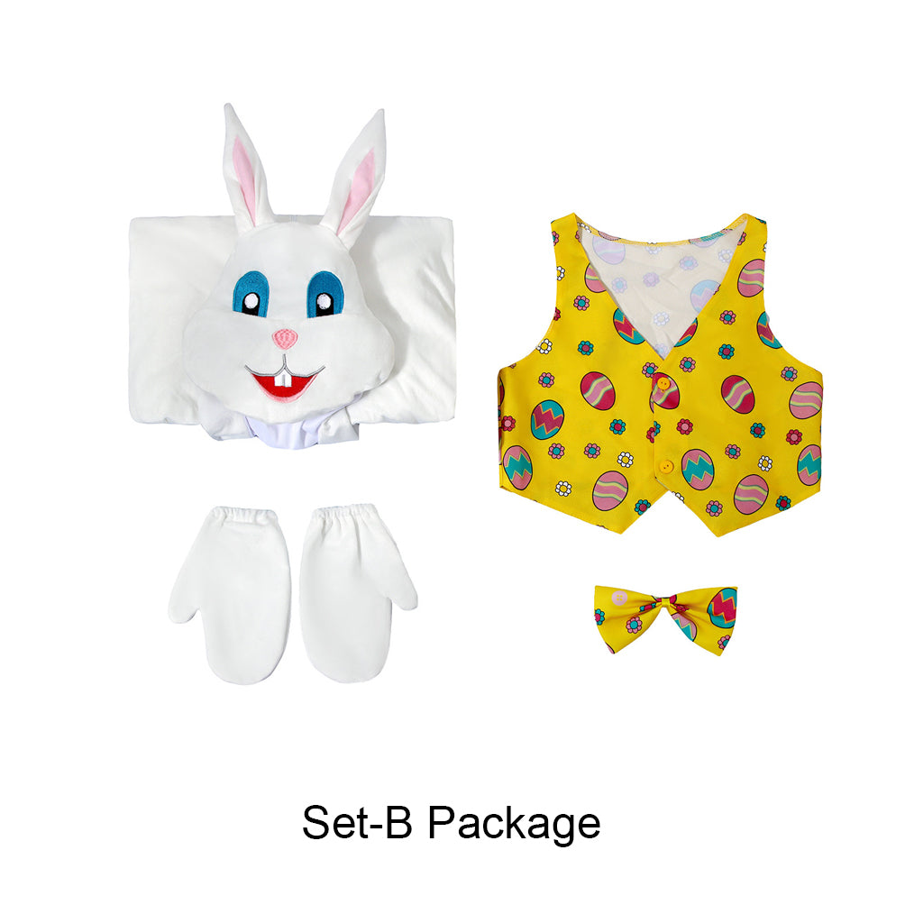 Easter Bunny Costume Kids Party Cosplay Outfit White Onesie with 3D Bunny Headgear