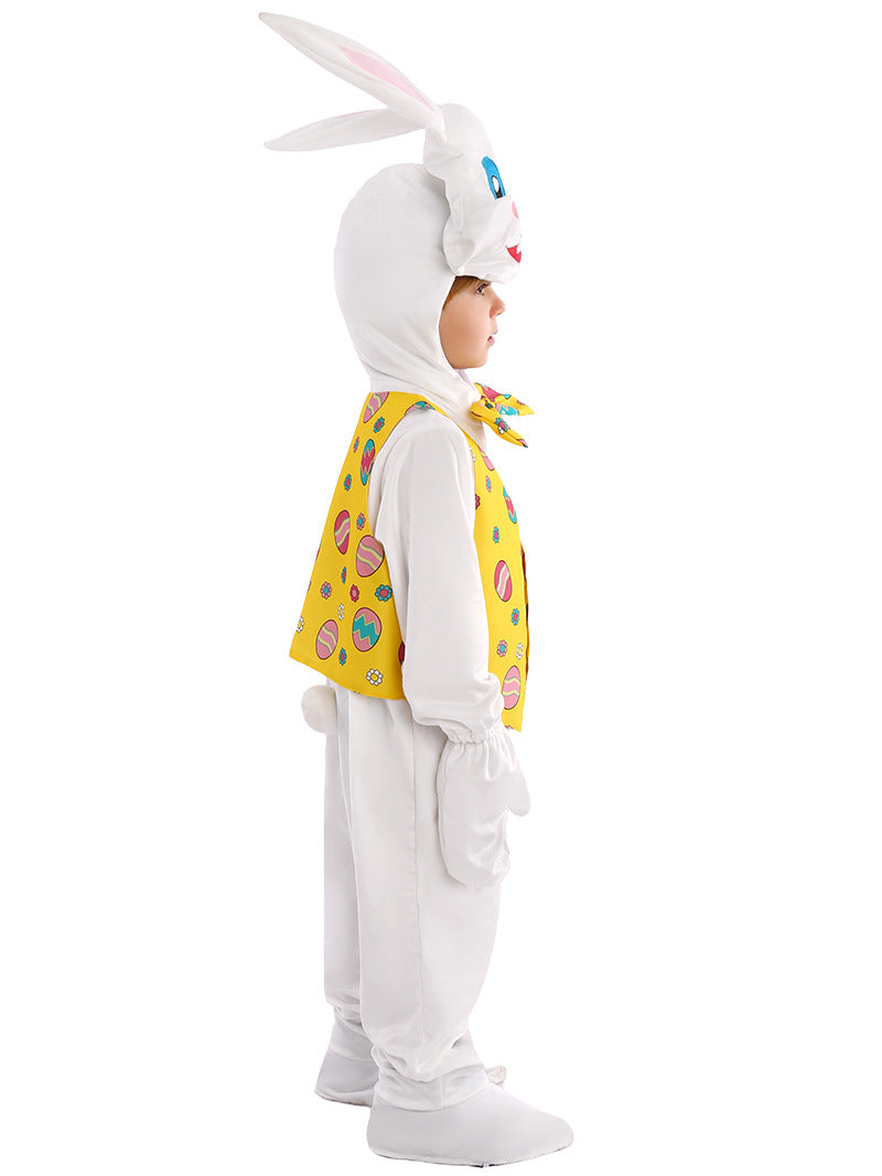 Easter Bunny Costume Kids Party Cosplay Outfit White Onesie with 3D Bunny Headgear