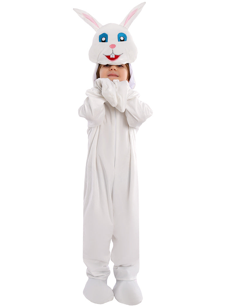 Easter Bunny Costume Kids Party Cosplay Outfit White Onesie with 3D Bunny Headgear