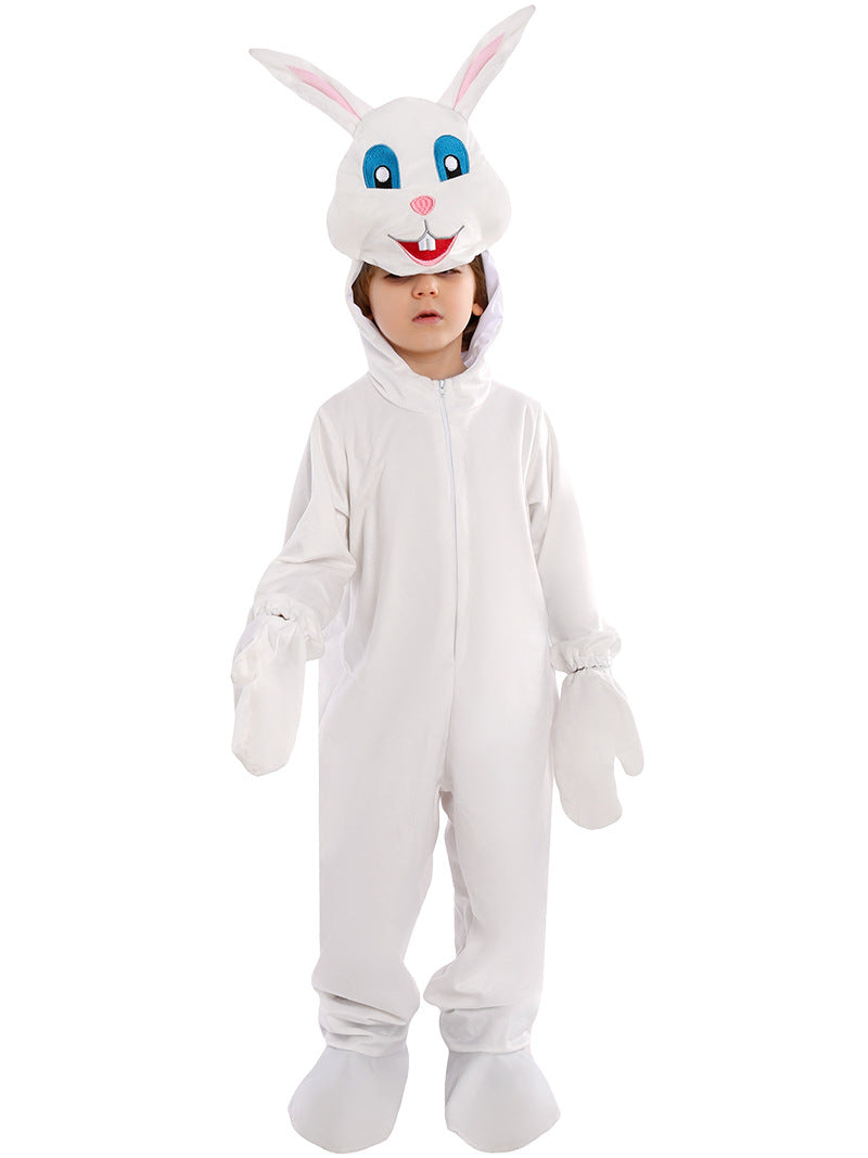 Easter Bunny Costume Kids Party Cosplay Outfit White Onesie with 3D Bunny Headgear