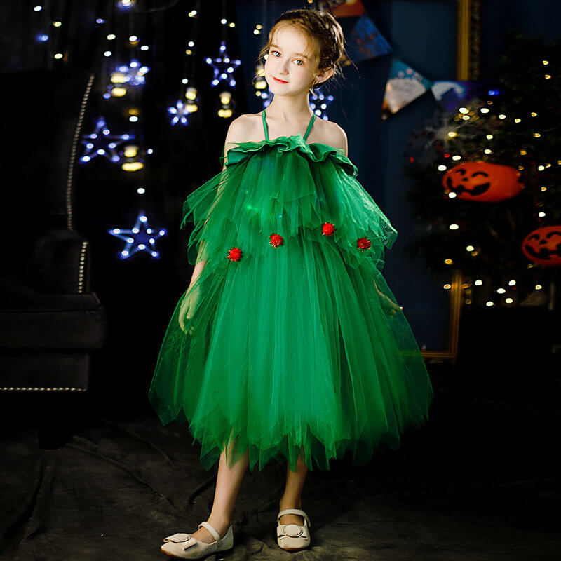 Girls Green Christmas Tree Dress with Hat Elf Christmas Costume Full Set for Kids Teens