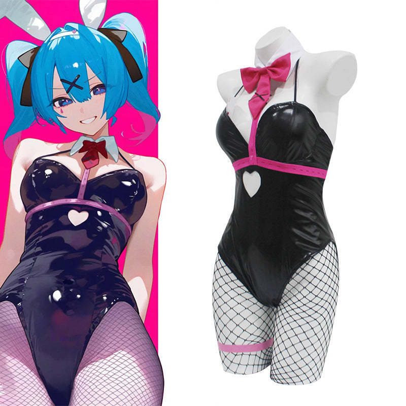 Miku Bunny Costume Women Sexy Black Bunny Girl Leather Bodysuit and Accessories