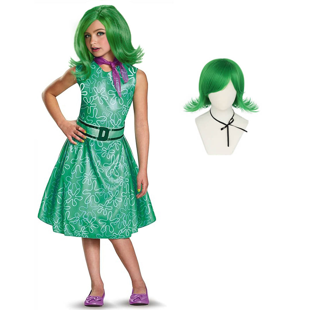 Girls Inside 2 Disgust Costume Classic Disgust Green Dress with Belt and Scarf Kids Disgust Cosplay Outfit