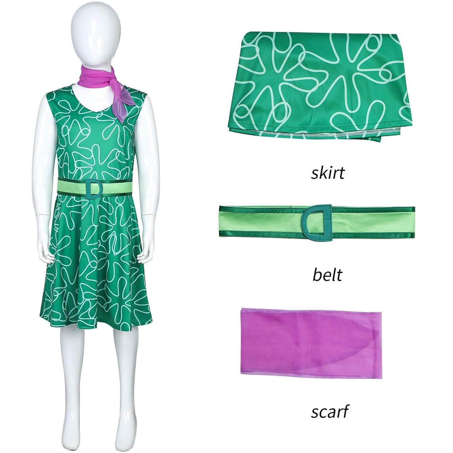 Girls Inside 2 Disgust Costume Classic Disgust Green Dress with Belt and Scarf Kids Disgust Cosplay Outfit