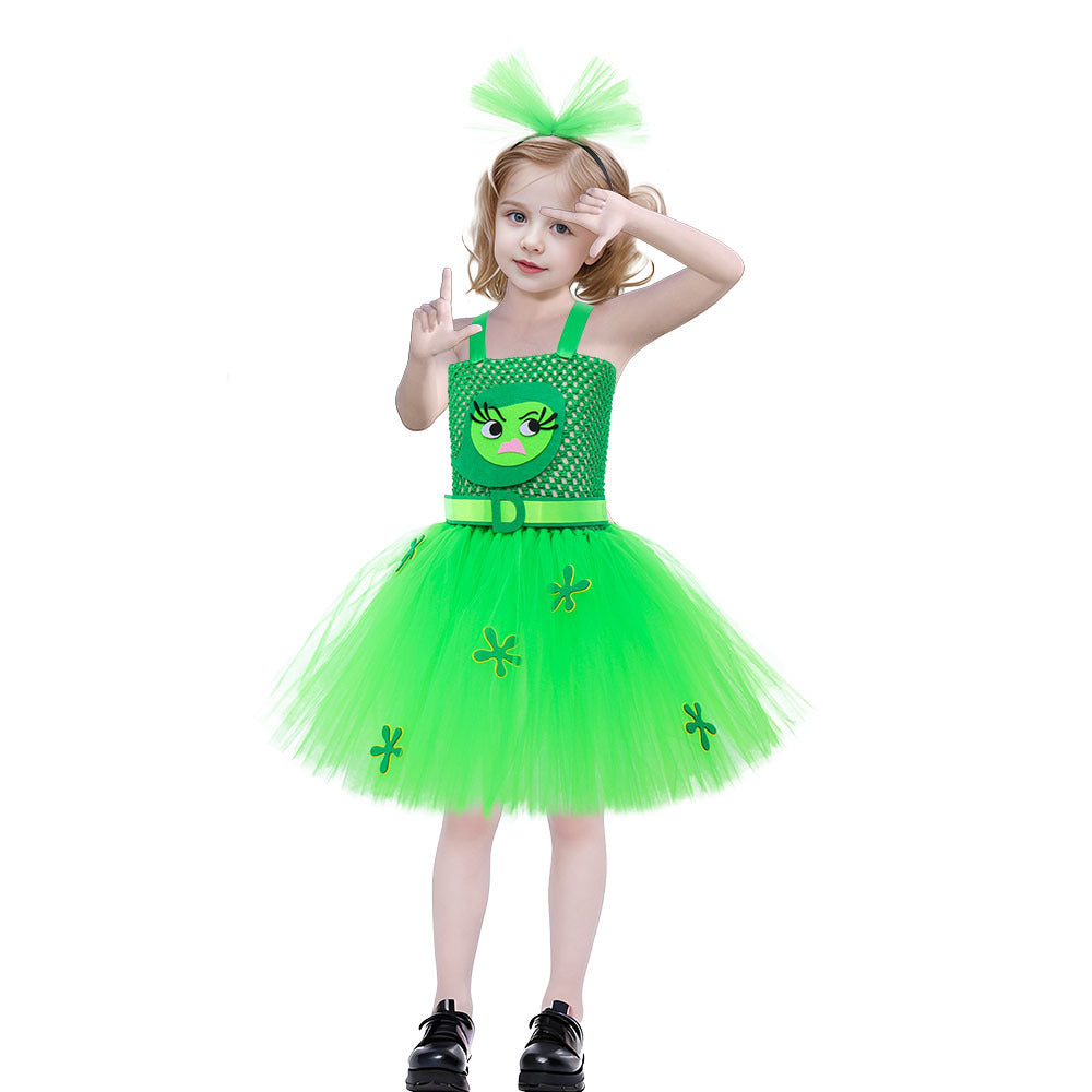 Girls Inside Disgust Costume Green Tutu Dress with Headband Outfit for Halloween Carnival