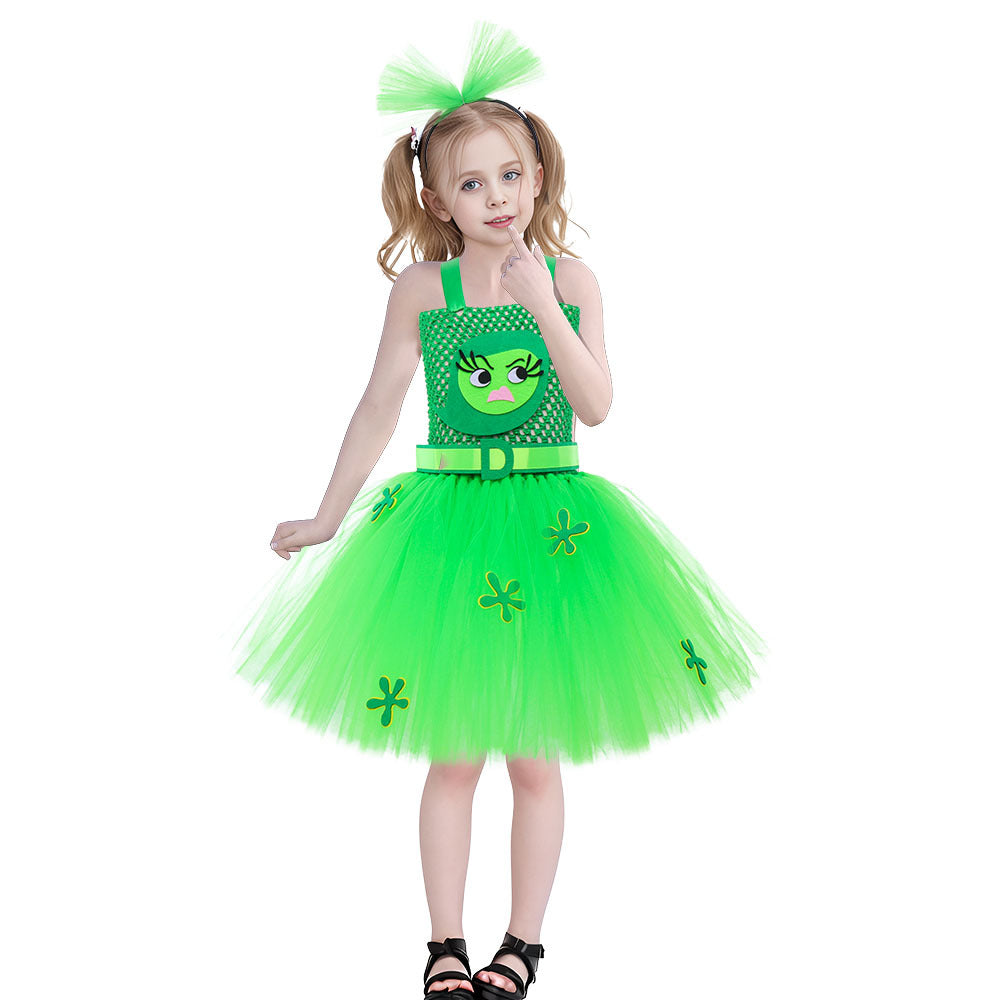 Girls Inside Disgust Costume Green Tutu Dress with Headband Outfit for Halloween Carnival