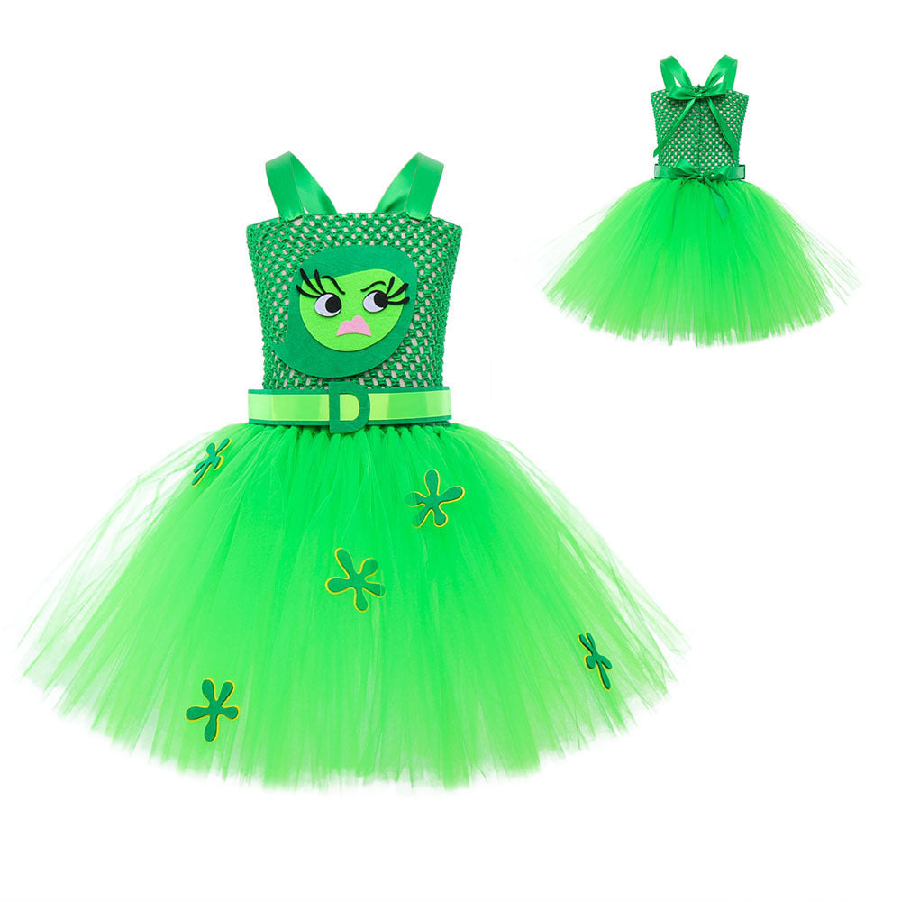 Girls Inside Disgust Costume Green Tutu Dress with Headband Outfit for Halloween Carnival