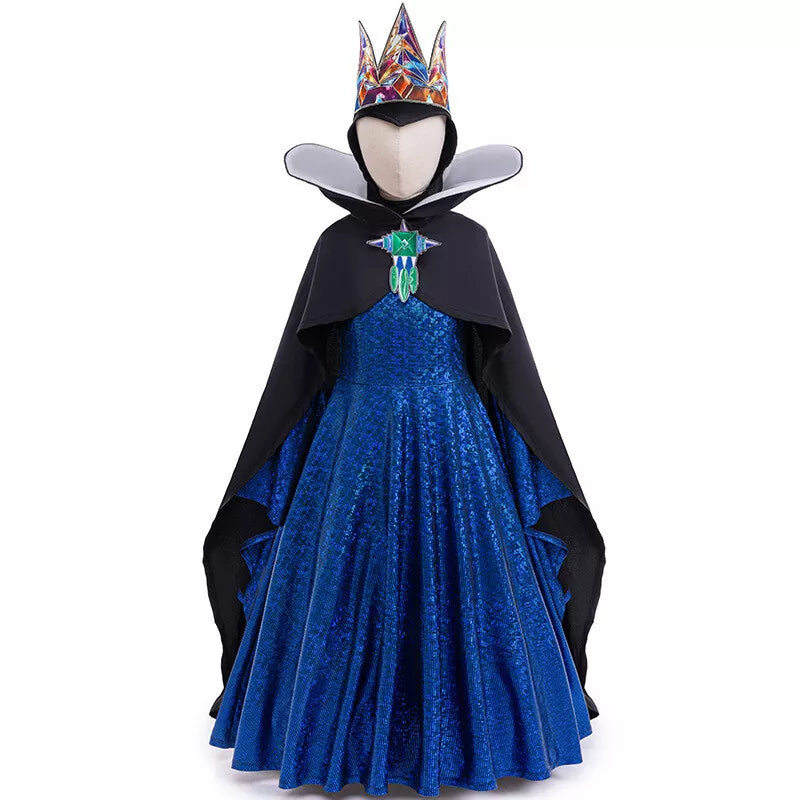 Kids Evil Queen Costume Girls Dress Cloak Crown Party Dress Up Cosplay Outfit