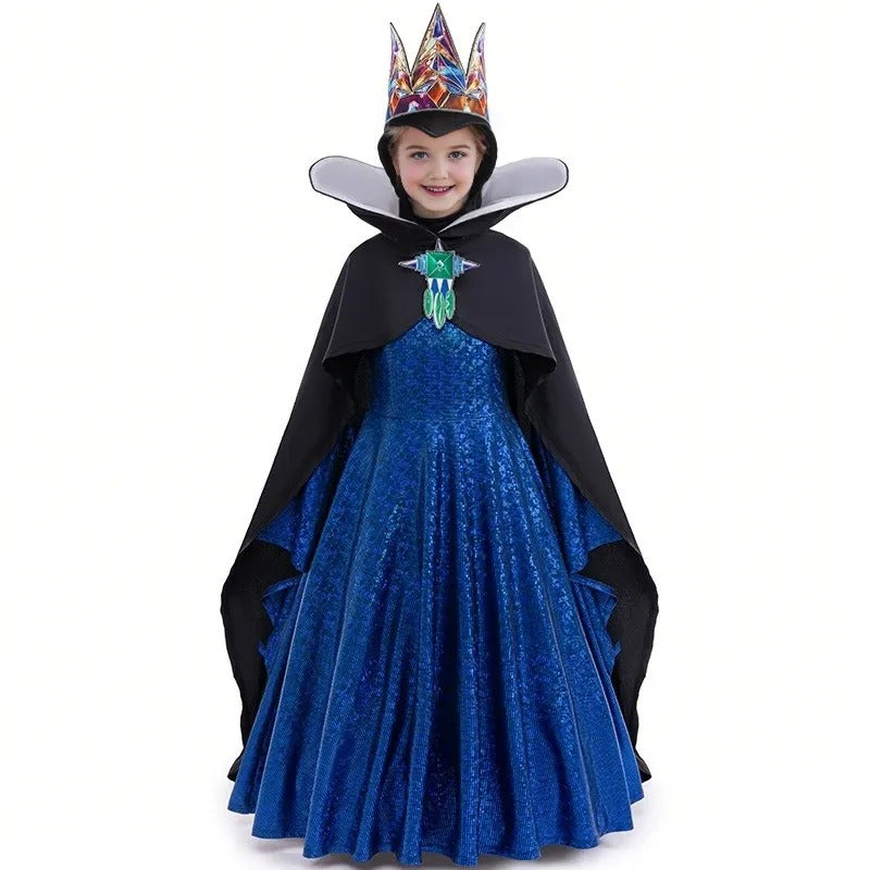 Kids Evil Queen Costume Girls Dress Cloak Crown Party Dress Up Cosplay Outfit