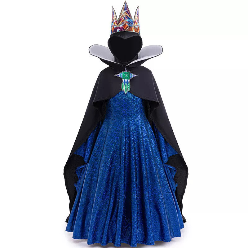 Kids Evil Queen Costume Girls Dress Cloak Crown Party Dress Up Cosplay Outfit