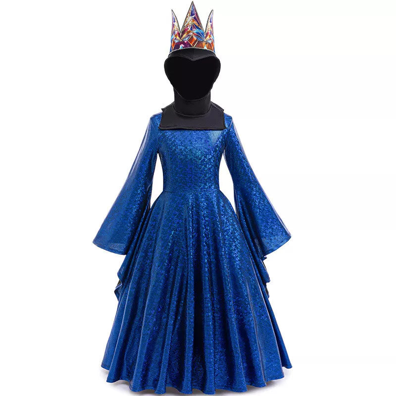 Kids Evil Queen Costume Girls Dress Cloak Crown Party Dress Up Cosplay Outfit