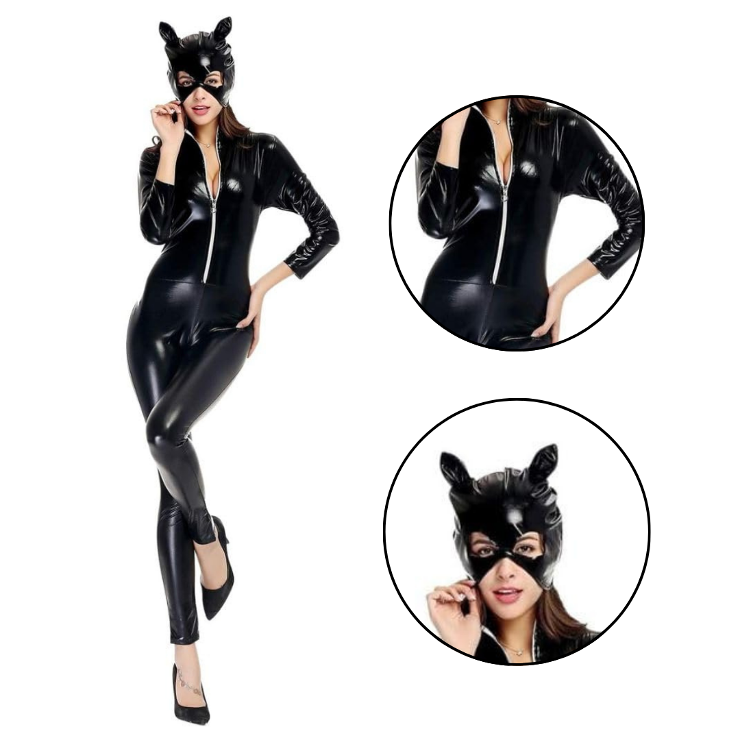 Sexy Women Black Cat Costume Pole Dance Jumpsuit with Mask and Whip