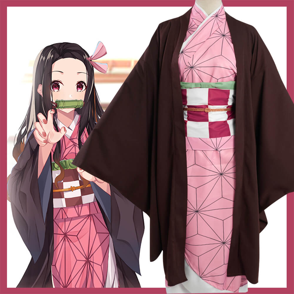 Nezuko Kamado Costume Halloween Cosplay Dress Outfit Full Set For Kids and Adult