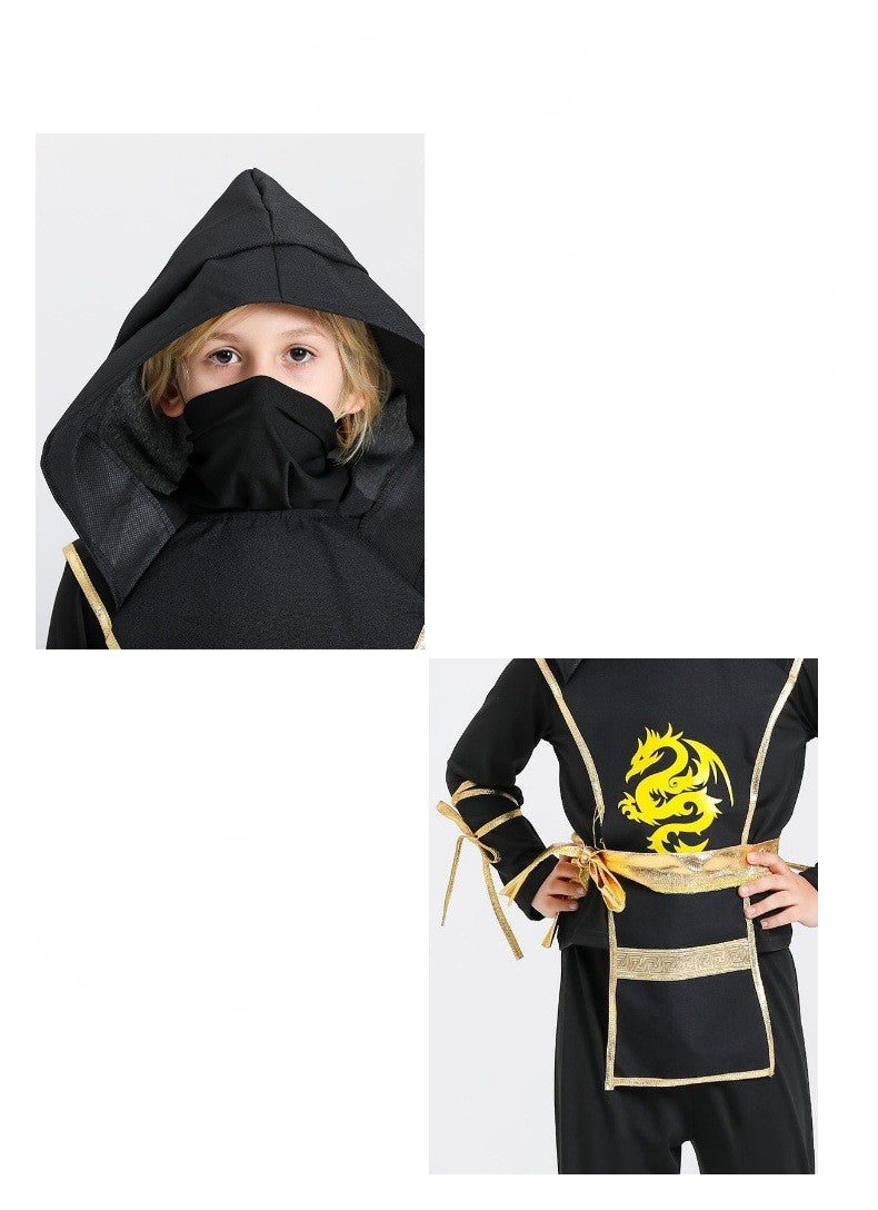 Kids Samurai Ninja Costume Black Hooded Top with Pants and Golden Dragon Emblem