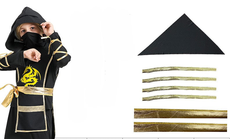 Kids Samurai Ninja Costume Black Hooded Top with Pants and Golden Dragon Emblem