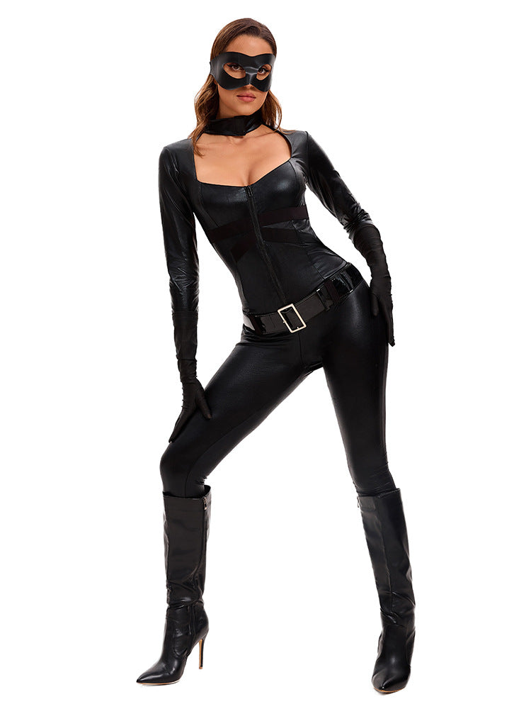 Women Black Catsuit Super Heroine Bodysuit Deluxe Cat Cosplay Costume