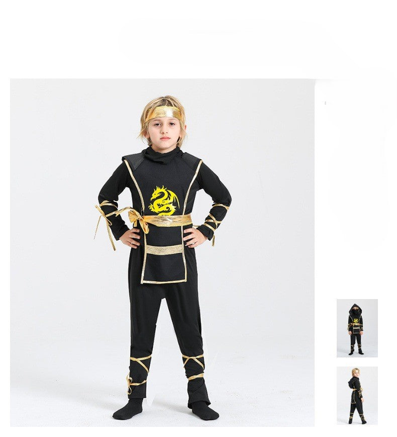 Kids Samurai Ninja Costume Black Hooded Top with Pants and Golden Dragon Emblem