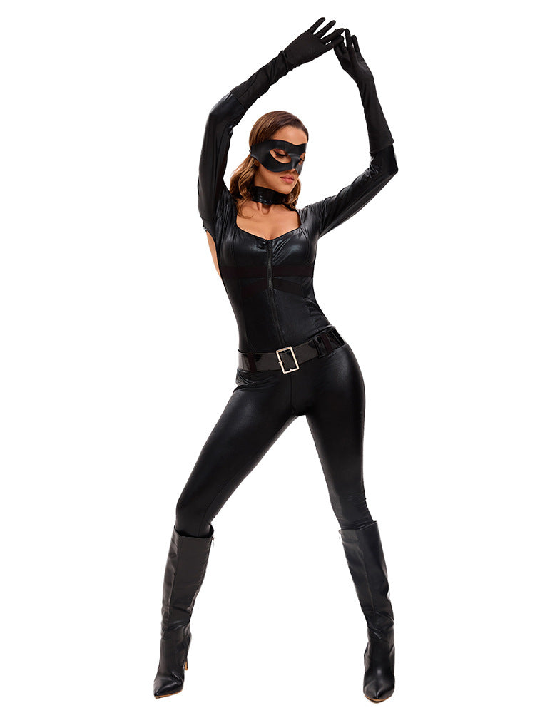 Women Black Catsuit Super Heroine Bodysuit Deluxe Cat Cosplay Costume