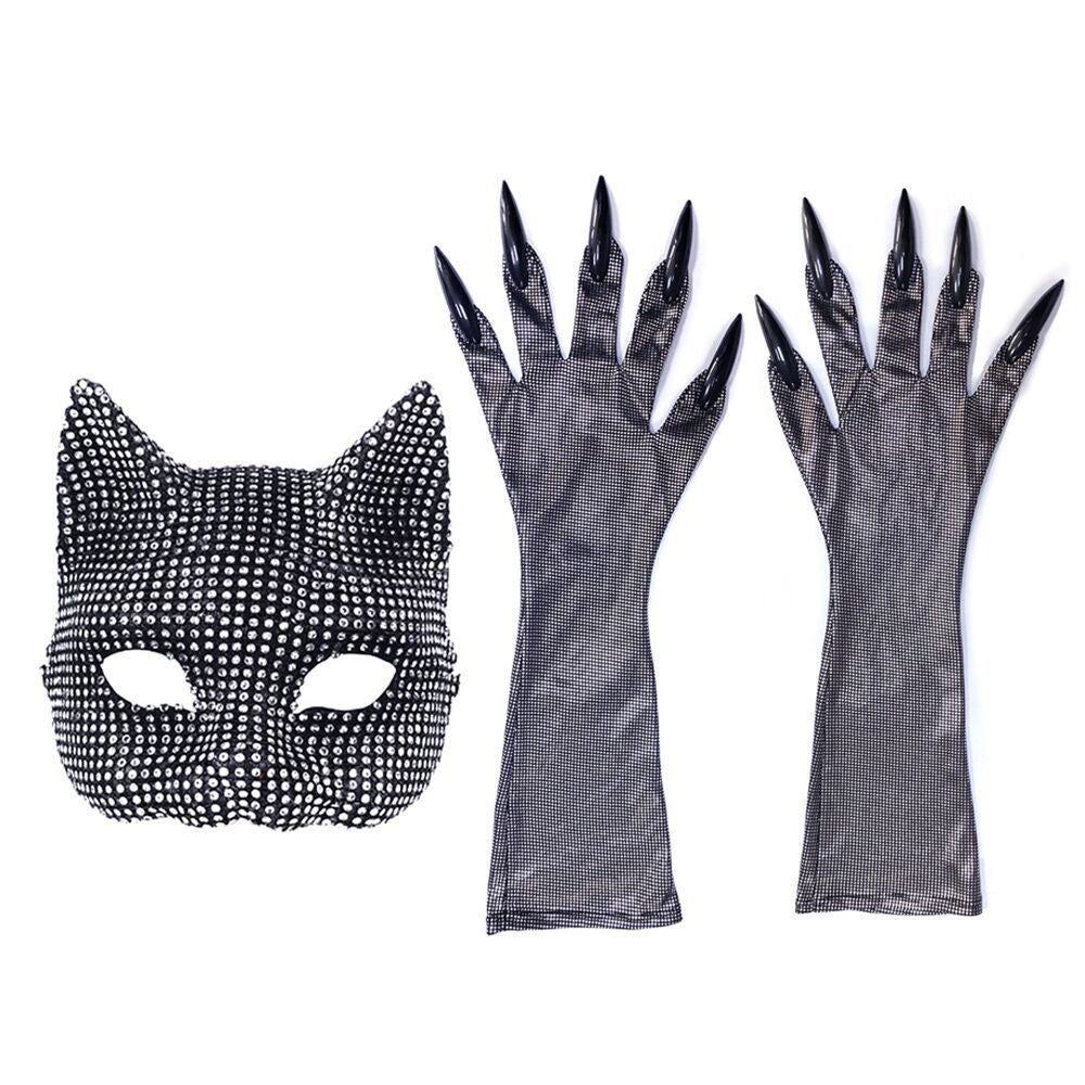 Women Cat Mask Masquerade Face Mask Party Roleplay Cat Mask and Gloves