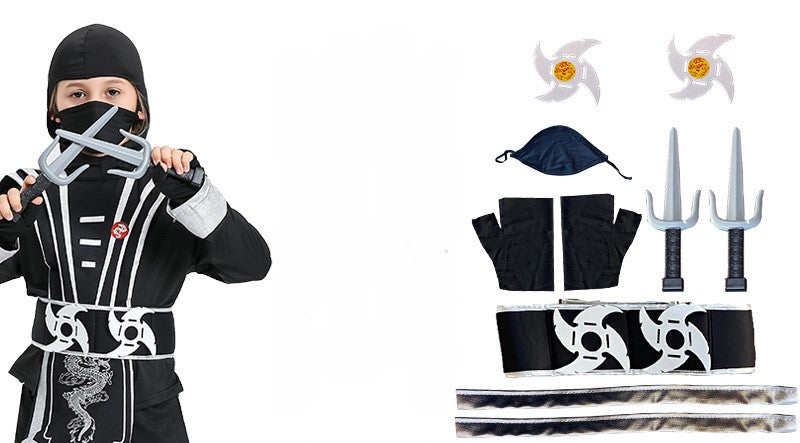 Kids Samurai Ninja Costume Black jumpsuit and Face Maks with Hood
