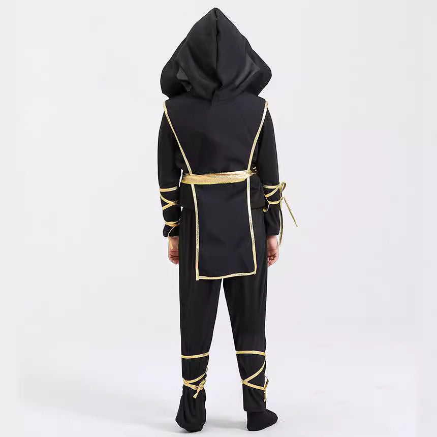 Kids Samurai Ninja Costume Black Hooded Top with Pants and Golden Dragon Emblem