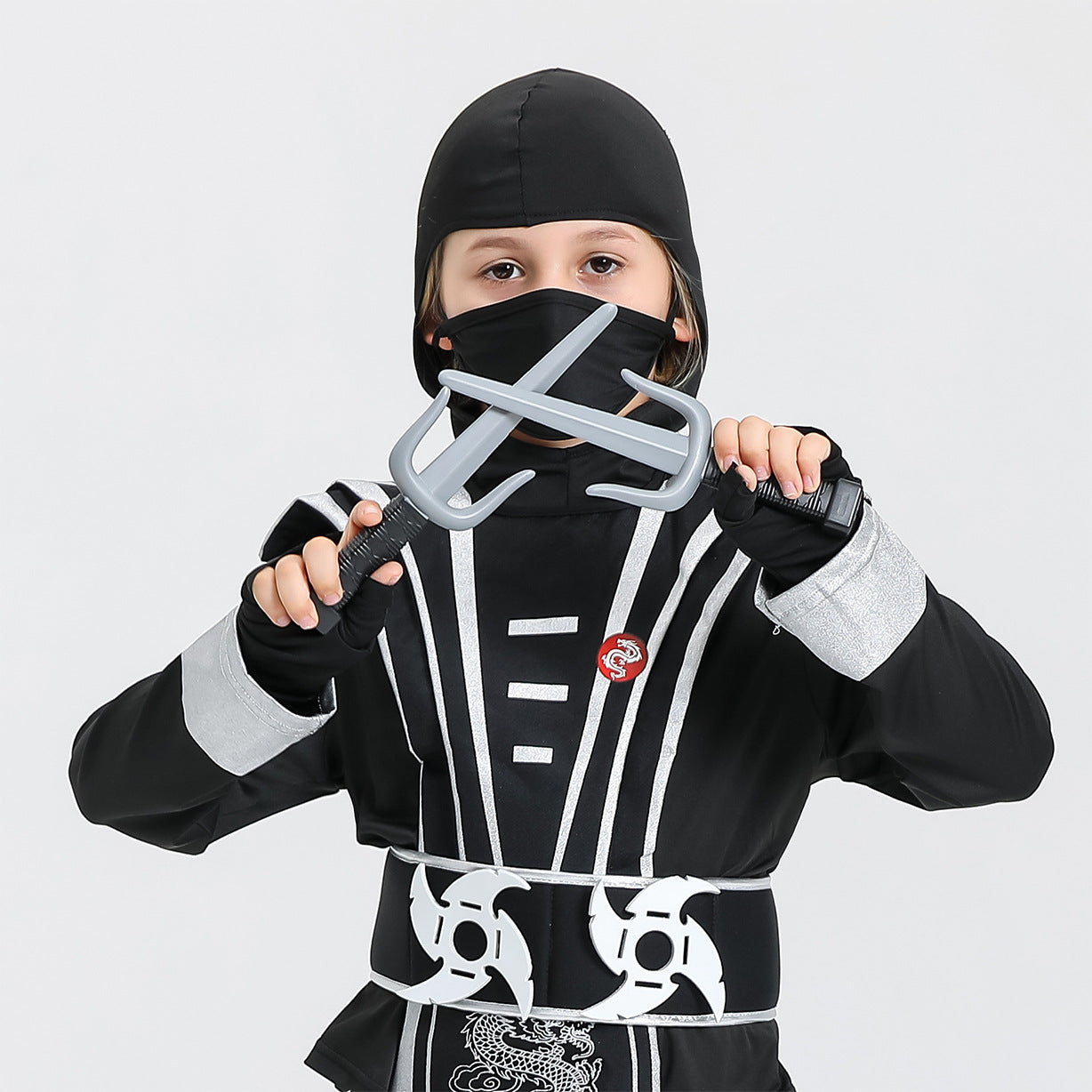 Kids Samurai Ninja Costume Black jumpsuit and Face Maks with Hood