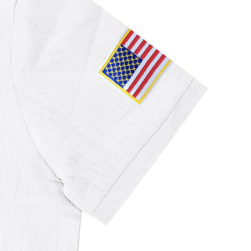 Men's Summer Patriotic T-shirt Breathable Linen Polo with American Flag on Left Sleeve
