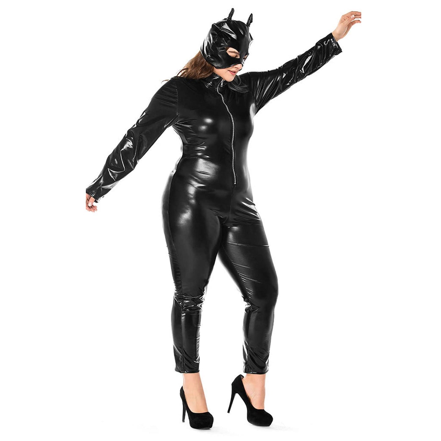 Plus Size Women Catsuit Gloss Leather Super Heroine Fullbody Black Cat Costume