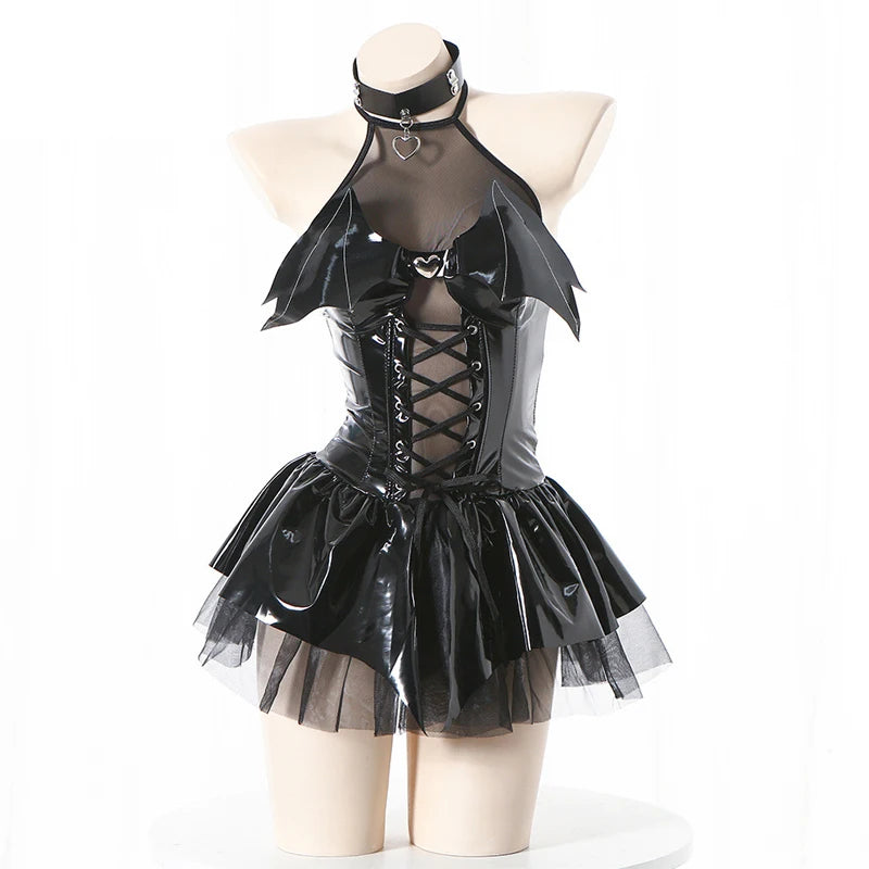 Women Sexy Vampire Costume Demon Cosplay Outfit Bat Wings Anime Magic Little Devil Uniform Mesh Hollow Leather Dress