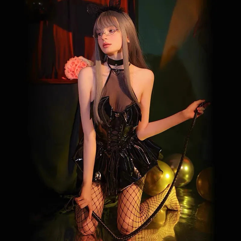 Women Sexy Vampire Costume Demon Cosplay Outfit Bat Wings Anime Magic Little Devil Uniform Mesh Hollow Leather Dress