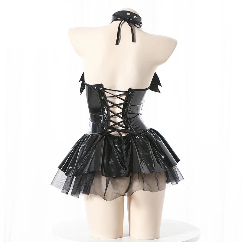 Women Sexy Vampire Costume Demon Cosplay Outfit Bat Wings Anime Magic Little Devil Uniform Mesh Hollow Leather Dress
