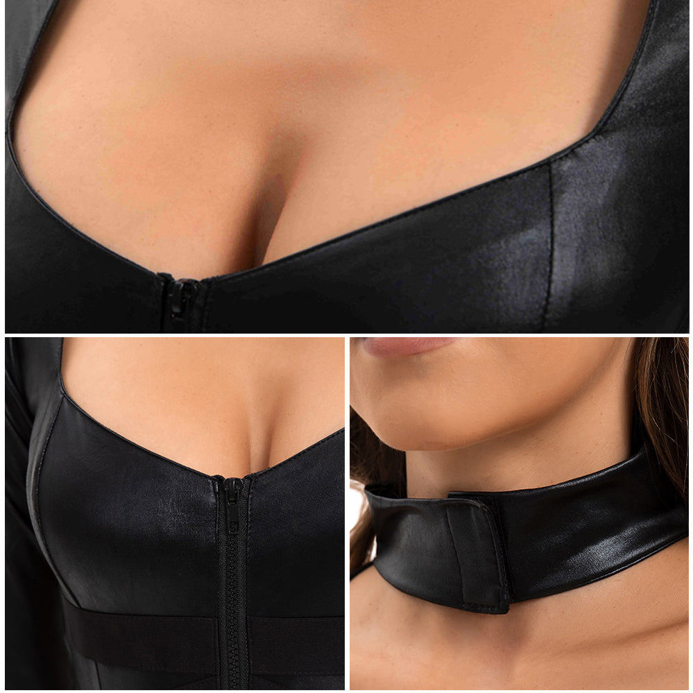Women Black Catsuit Super Heroine Bodysuit Deluxe Cat Cosplay Costume