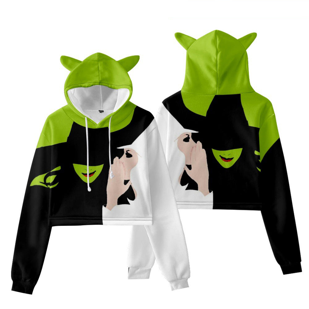 Wicked Elphaba Cat Ears Crop Top Hoodie Women Long Sleeve Green Pullovers