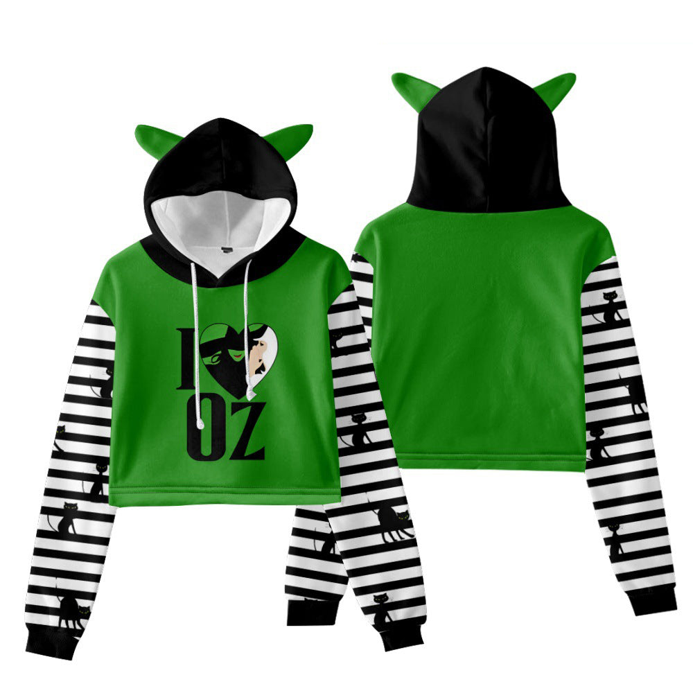 Wicked Elphaba Cat Ears Crop Top Hoodie Women Long Sleeve Green Pullovers