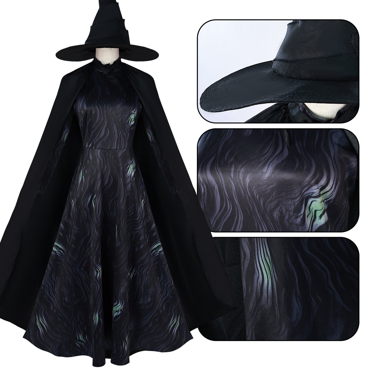 Wicked Movie Cosplay Costume Elphaba Dress Cloak Hat Outfit The Good Witch Costume for Party Event Musical