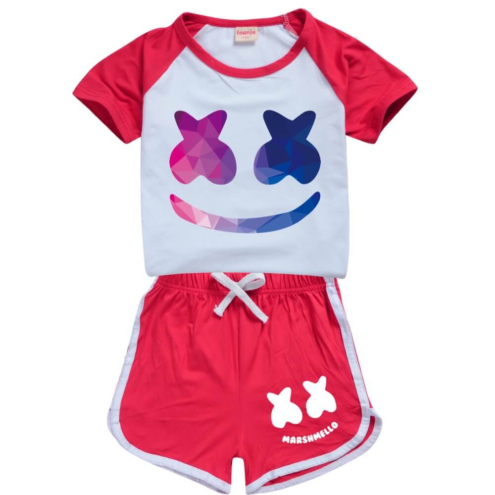 Kids DJ Marshmallow Tracksuits Smiley Face T-Shirt and Shorts 2pcs Outfit for Boys and Girls