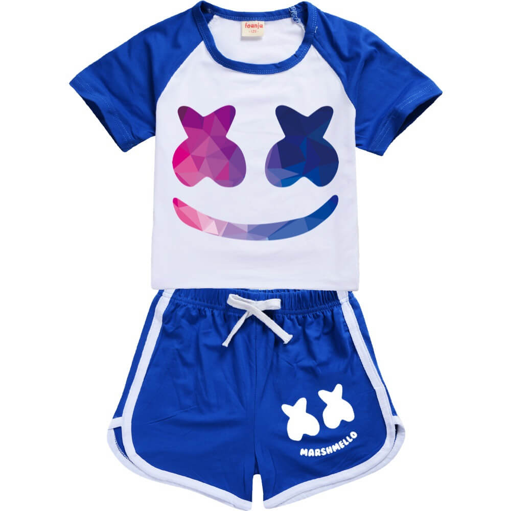 Kids DJ Marshmallow Tracksuits Smiley Face T-Shirt and Shorts 2pcs Outfit for Boys and Girls