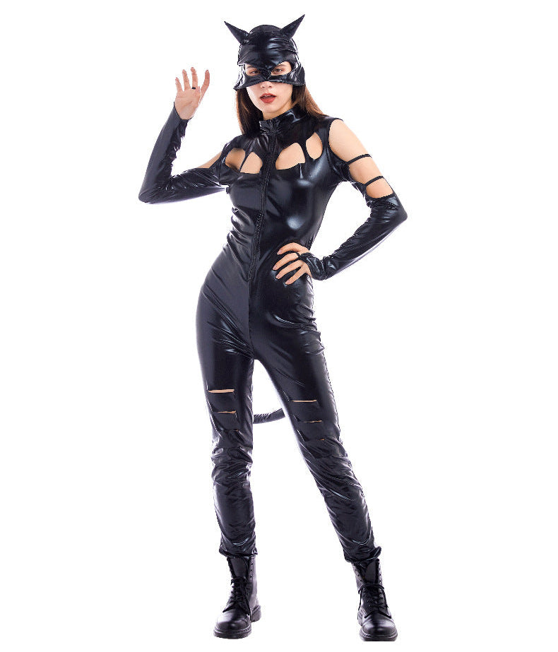 Women Sexy Leather Sexy Cat Girl Cosplay Outfit Super Heroine Fullbody Black Cat Costume