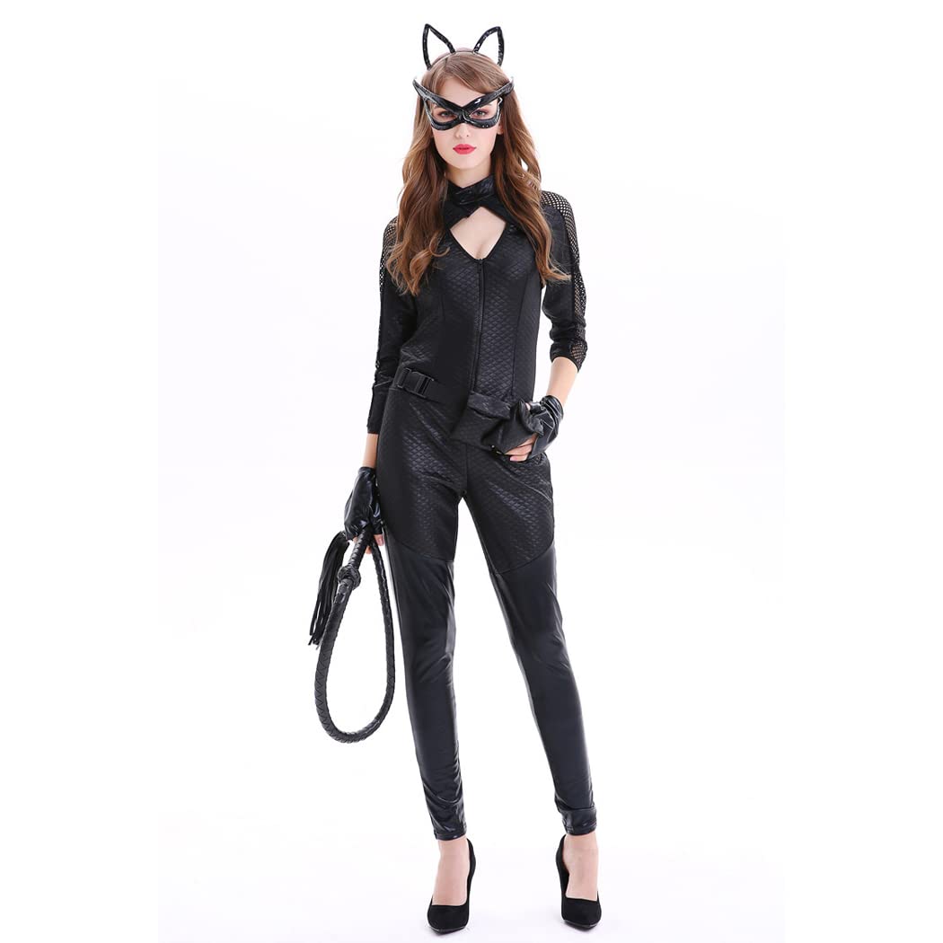 Sexy Women Catsuit Role Dance Black Cat Costume Jumpsuit with Mask and Whip