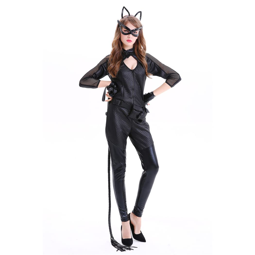 Sexy Women Catsuit Role Dance Black Cat Costume Jumpsuit with Mask and Whip