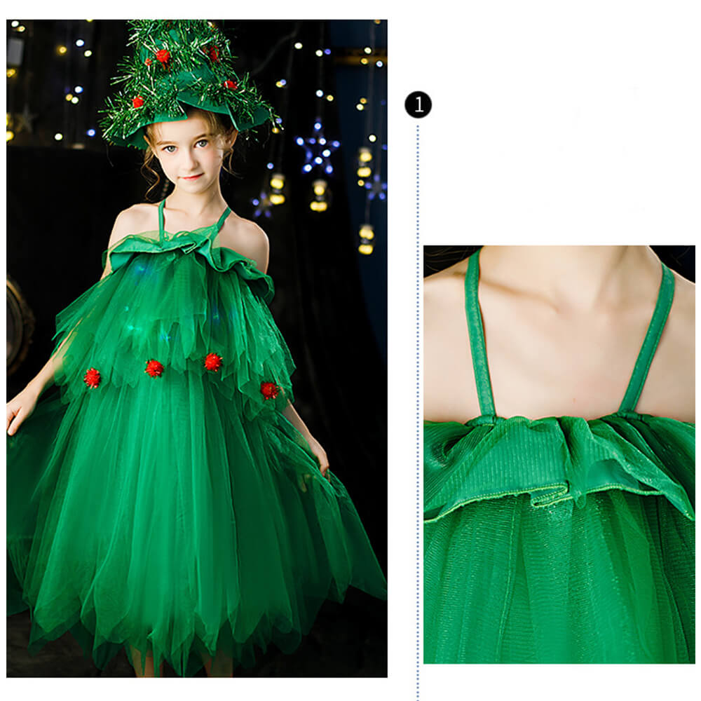 Girls Green Christmas Tree Dress with Hat Elf Christmas Costume Full Set for Kids Teens